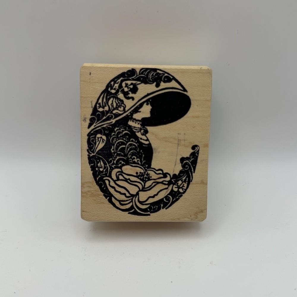 Magenta Edwardian Woman Floral Portrait Hat Wood Mounted Rubber Stamp Vintage